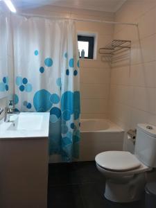 马达莱纳PIX Apartments的一间带卫生间和淋浴帘的浴室