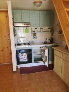 奥温多利Appartamento Bucaneve的厨房配有绿色橱柜和炉灶。