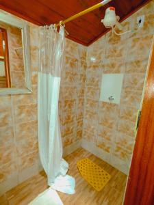 博凯纳-迪米纳斯Quarto Maringá Minas的带淋浴和浴帘的浴室