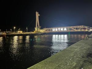 乌斯特卡Luxoro Park Apartament Nero的夜间在水体上方的桥梁