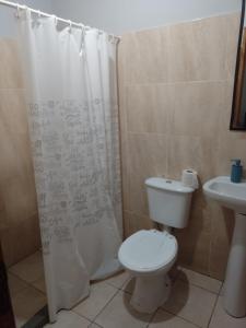 伊瓜苏港Departamento Florida的一间带卫生间和淋浴帘的浴室