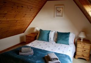莱尔格Thistle Cottage的一间卧室配有一张带蓝色枕头的床