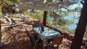 NerežišćeA small stone house by the sea, in a wineyard的帐篷下的桌椅享有水景