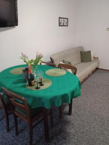 托伦Mieszkanie Apartament Lord的带沙发的客厅内的绿色桌子