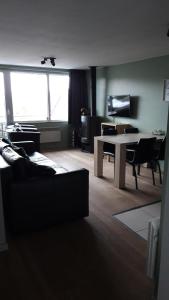 马尔梅迪Terrasses de Malmedy - Duplex 455的客厅配有沙发和带书桌的桌子