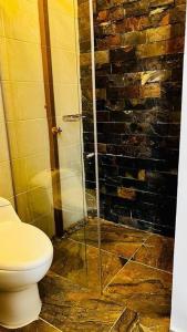 吉拉尔多特¡Quinta al Cielo!的一间带卫生间和玻璃淋浴间的浴室