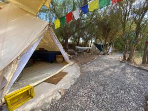 圣佩德罗·德·阿塔卡马CaminAndes Hostal的帐篷配有桌子、椅子和树木