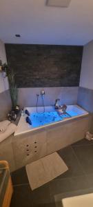 菲根Appartement Krismer的一间带蓝色海水浴缸的浴室