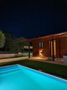 FafiãoPerfect Mountain Lodge with Pool的夜间在房子前面的游泳池
