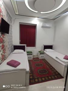布哈拉KAMIR Guest House的一间设有两张床和红地毯的客房
