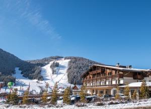 圣维吉利奥康多尔酒店的雪覆盖的山地的滑雪小屋