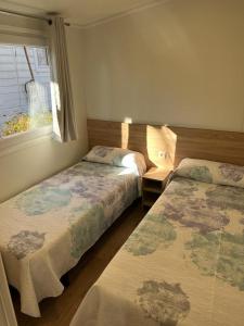 洛格罗尼奥Bungalows & Albergue La Playa的一间卧室设有两张床和窗户。