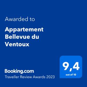 蒙布兰莱班Appartement Bellevue du Ventoux的蓝屏,文本被授予贝勒维德·杜·迫击炮协议