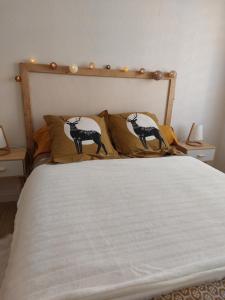贝尔热拉克L'Appartement Gabriel T2的一张带两个黑白枕头的床
