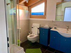 TinzenPool Villa Savognin的一间带卫生间、水槽和窗户的浴室