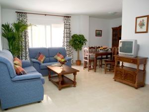 Estepona米格尔安赫尔公寓的客厅配有蓝色的沙发和电视