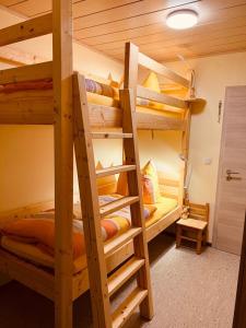 魏申费尔德Ferienwohnung Erika的小屋内设有一间带两张双层床的卧室