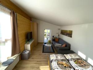 巴特莱辛哈尔Römer Appartement mit sonniger Terrasse的客厅配有床和沙发