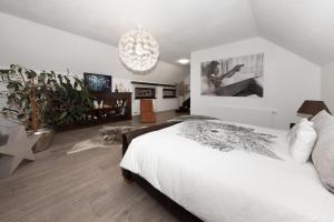 StachyFarma František的卧室配有一张白色大床和吊灯。