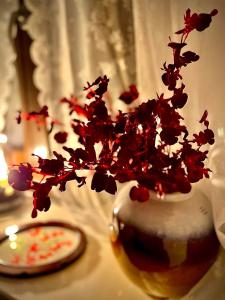 罗德镇Carmen Art Hotel的花瓶,上面放着红色的花