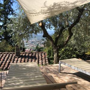 UzzanoLa Casa sui Colli的野餐桌和树下的长凳