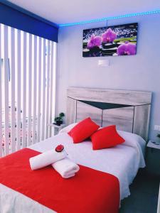 萨洛AptoVistas al mar-Font de Mar en Cap de Salou的卧室配有红色和白色的床和红色枕头