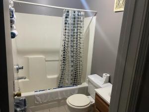 杰斐逊维尔Hoosier Travel Lodge的一间带卫生间和淋浴的小浴室