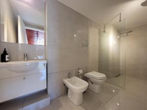 圣卡洛斯-德巴里洛切Destinar Apartments的浴室配有卫生间、盥洗盆和淋浴。
