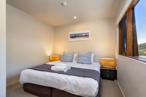斯瑞德伯雪流公寓酒店的一间卧室配有一张带蓝色枕头的床和一扇窗户。