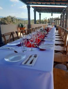 圣米格尔-德阿连德Hotel La Lejona的长桌,上面有酒杯和餐巾