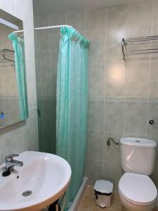拉曼加戴尔马尔梅纳Apartment Jardines Del Mar的一间带水槽、卫生间和淋浴的浴室