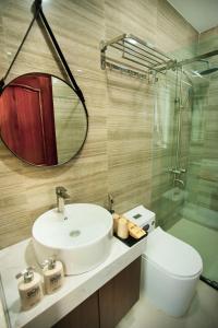 芽庄Tesoro Hotel的一间带水槽、卫生间和镜子的浴室