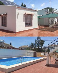 圣玛丽亚港Chalet Valdelagrana的两幅房子和游泳池的照片拼凑而成