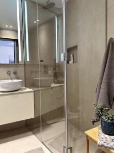卢加诺Riva 2的一间带玻璃淋浴和水槽的浴室