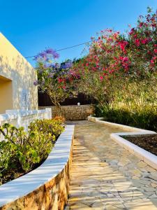 Sant Francesc de s'EstanyVilla con piscina gigante的一座种有粉红色花卉和石头走道的花园