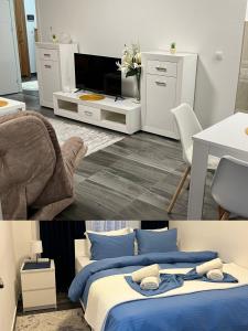 新帕扎尔Elif Apartman的一间卧室配有一张床、一张桌子和一台电视。