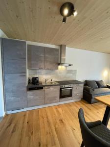 滨湖施图本贝格Apartment Relax - Stubenbergsee的厨房配有不锈钢橱柜和沙发