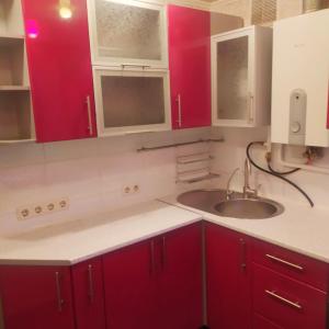 第聂伯罗2кімнатні апартаменти район Даффі的一间带红色橱柜和水槽的厨房