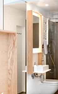 布鲁塞尔幸福旅馆的一间带水槽、卫生间和镜子的浴室