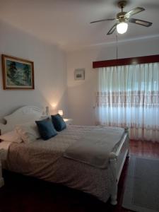 拉戈阿Casa Branca的一间卧室配有一张带蓝色枕头的床和吊扇