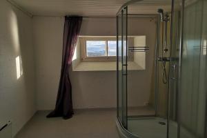 Tranøya创菲尔酒店的带淋浴的浴室和窗户。