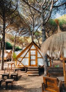 科尼尔-德拉弗龙特拉TAIGA Conil的小屋设有长椅和稻草小屋