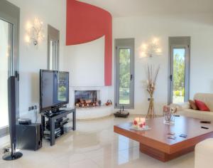科斯基努Villa Artemis的一间带电视和壁炉的客厅