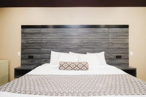 钱诺夫Sapphire Inn & Suites的卧室配有白色的床和木制床头板
