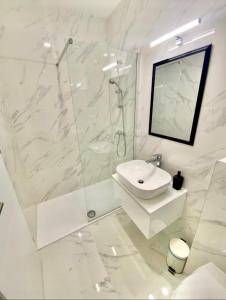 萨格勒布Bed & Breakfast Donji Grad的带淋浴和盥洗盆的白色浴室
