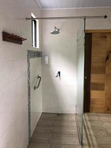 明多Las Terrazas de Dana Boutique Lodge & Spa的一间房间里带玻璃门的淋浴