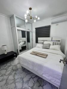圣多明各Acogedor apartamento 2 hab Distrito nacional, próximo agora mall的白色卧室设有一张大床和镜子
