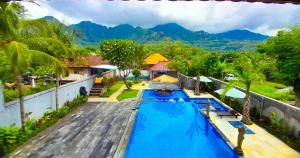 佩母德兰The Bali Menjangan Boutique Villas & Dive Center的享有游泳池的空中景致,其背景为山脉