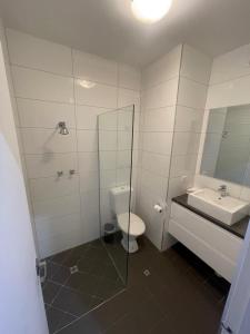 达尔文温尼里亚汽车旅馆的一间带卫生间、水槽和镜子的浴室