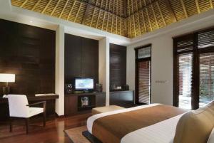 沙努尔Villa Mahapala的一间卧室配有一张床、一张书桌和一台电视